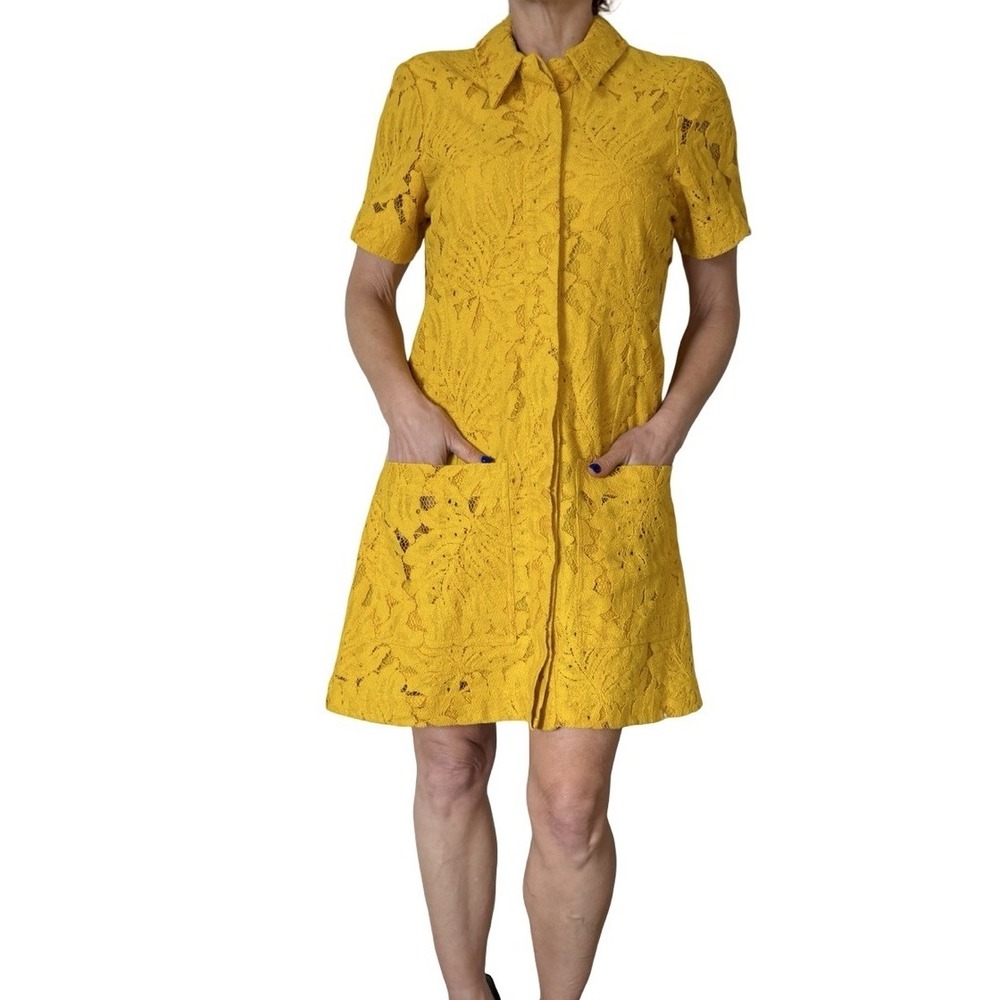 Ted Baker Rille Lace Shirt Dress Short Sleeve Button Down Yellow Mini Women's M - Picture 5 of 16